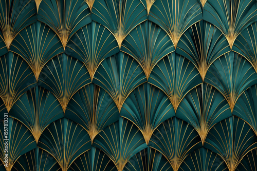 Elegant teal and gold fan-shaped design in intricate pattern for stylish interior decoration inspiration