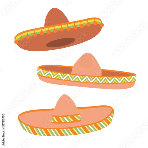 Mexican Sambrero Hats. Cartoon set of headwear from different angles. Accessories are decorated with ornaments and pompoms. Vector designs isolated on white background. For use in card, banner.