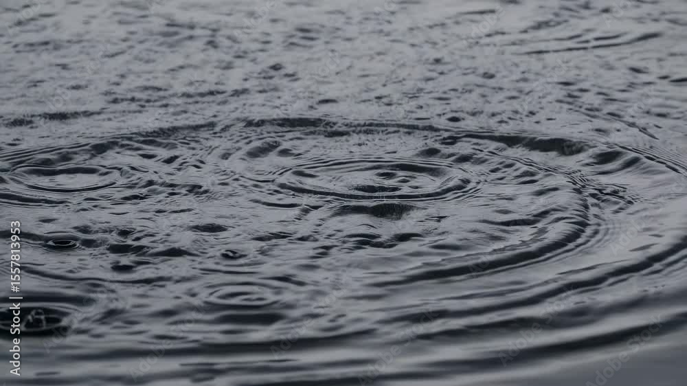 Raindrops create ripples on the surface of still water in a tranquil setting during a calm afternoon Raindrops create ripples on the surface of still water in a tranquil setting during a calm afternoon