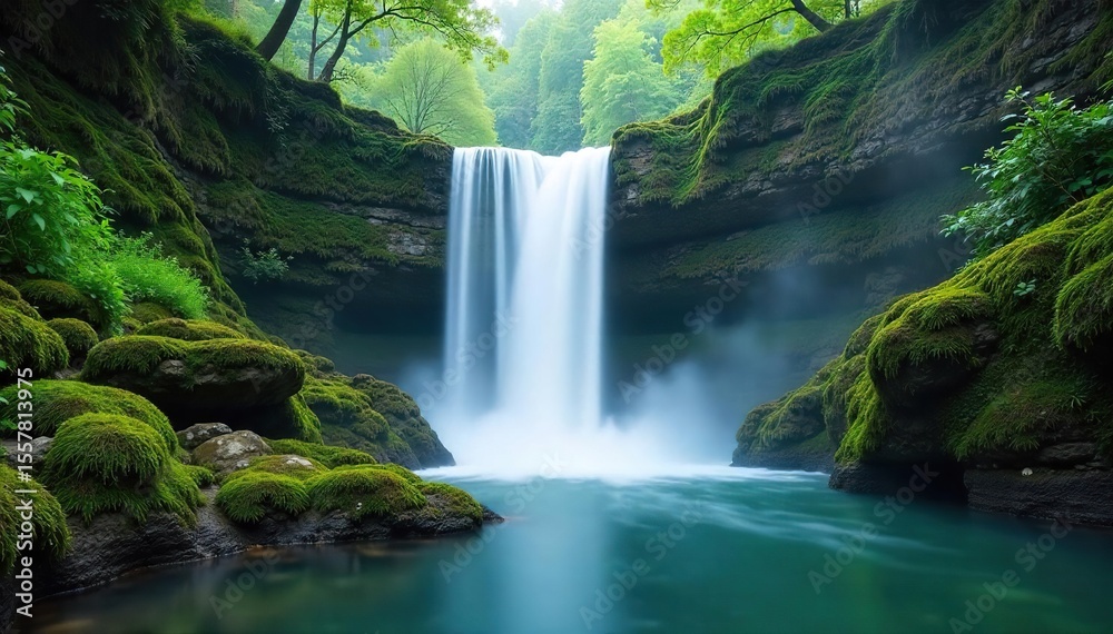 Fototapeta premium Serene Waterfall Cascading over Mossy Rocks Tranquil Nature Scene Perfect for Relaxation and Meditation