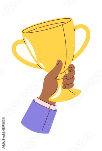Business hand raising golden cup