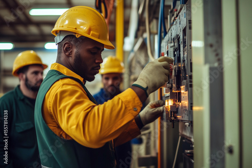 Black male electrician troubleshooting an electronics issue on a control panel - Collagues watching