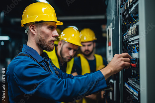 Professional electrician at a warehouse inspecting a control panel