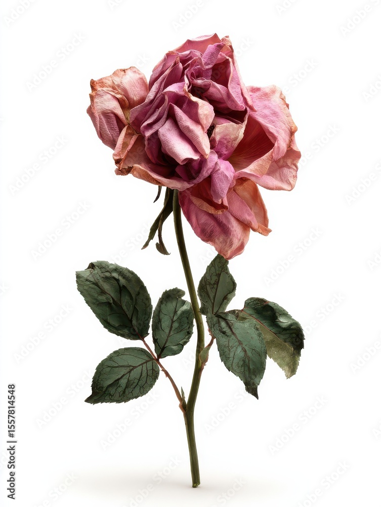 Fototapeta premium A single, wilting pink rose with green leaves against a white background.
