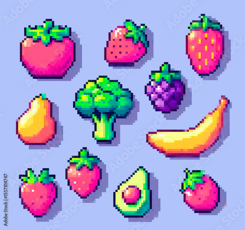 Set of vector elements in pixel art style, featuring colorful fruits and a broccoli. Bright pink, yellow, green, and purple dominate, giving a cute, retro, and trendy look.