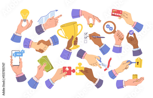 Businesspeople hands gestures isolated cartoon set with different partnership, leadership activities