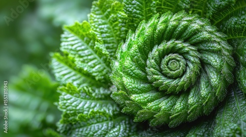 Detailed spiral arrangement of vibrant green leaves.