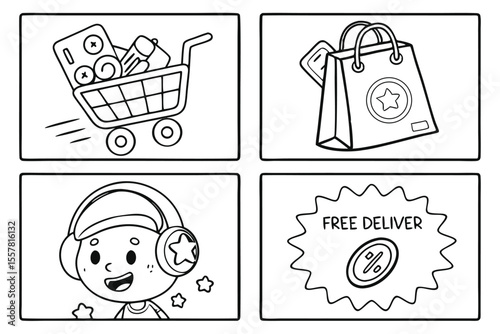 Shopping cart with items shopping bag with star child wearing headphones free delivery offer