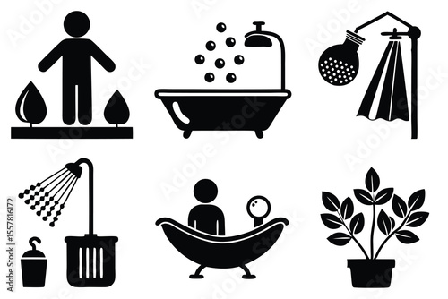 Black and white icons of people bathing showering and plants bathtub person