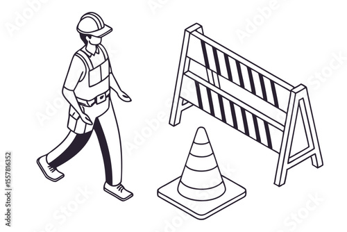 Construction worker walking near safety barrier and traffic cone isometric outline