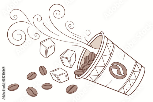 Coffee cup spilling beans and sugar cubes with steam vector