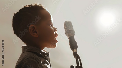 little curly african american boy singing on music studio by microphone. musician lessons. kid voice. child singing