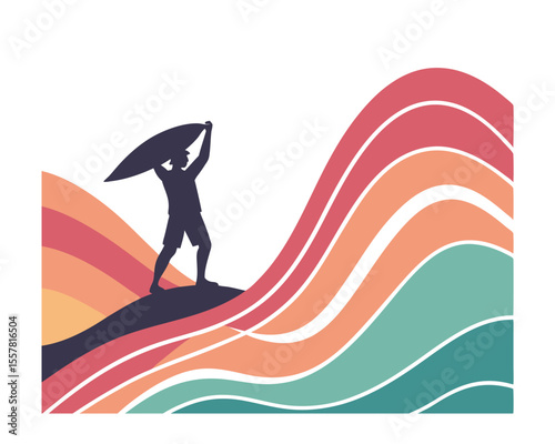 Silhouette of Surfer on Colorful Retro Waves Graphic Design