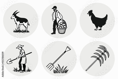 Farm animals and agricultural tools icons goat chicken