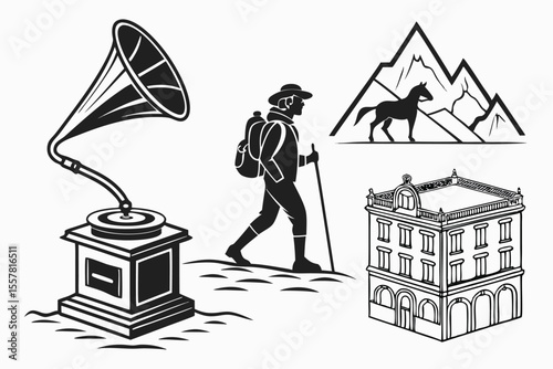 Vintage gramophone hiker horse mountain building music sound