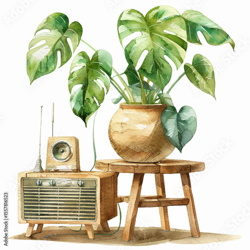 Postcard houseplant monstera on the table and radio