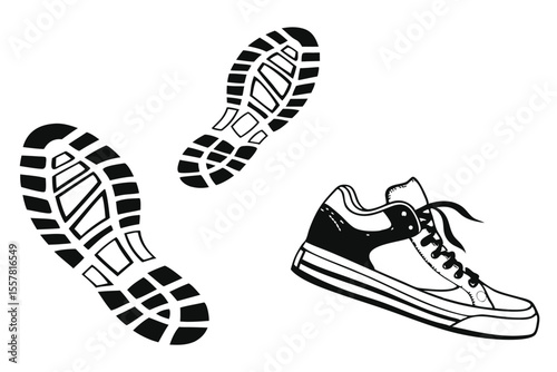 Black shoe and footprints vector illustration footwear sneaker