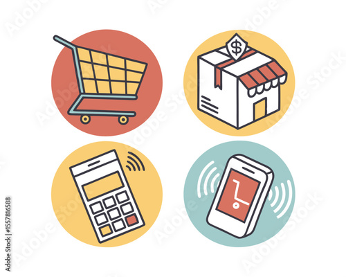 Online Shopping Icons Set Cart Calculator Mobile Payment Store
