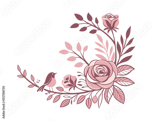 Elegant Pink Roses and Bird Floral Design Element