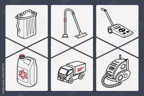 Six simple line art icons depicting cleaning equipment and supplies trash can vacuum cleaner