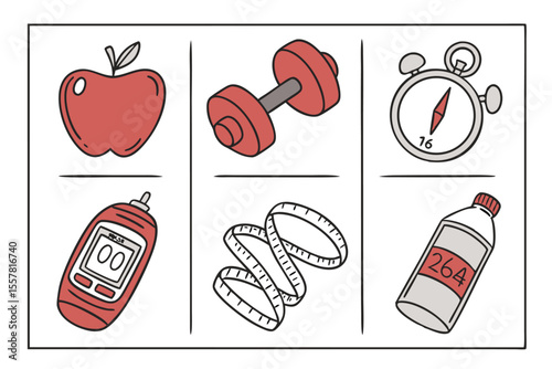 Red apple dumbbell stopwatch glucose meter measuring tape water bottle fruit weight