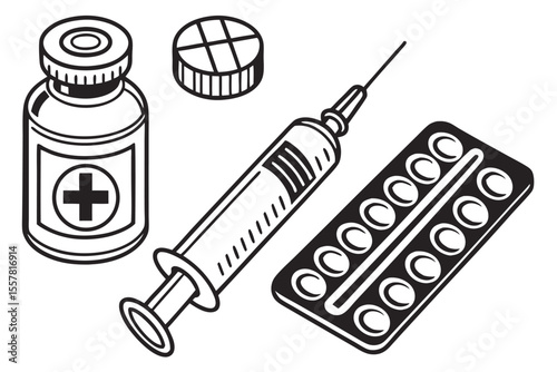 Medical supplies including vial syringe pills and blister pack healthcare