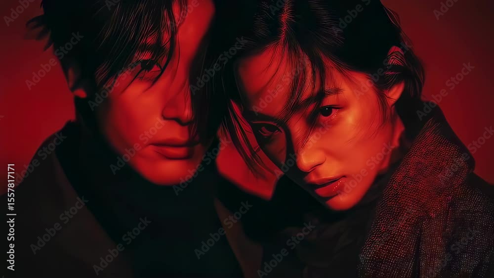 Korean drama couple in traditional hanbok robes sharing romantic moment at sunset. red overlay