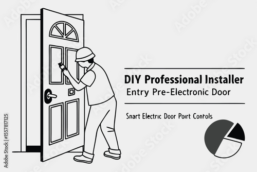 Person installing door hardware with pie chart line art graphic design
