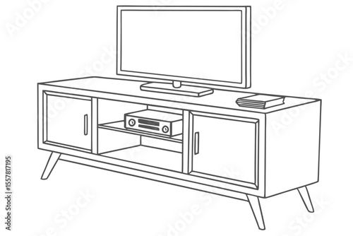 Detailed line drawing mid century modern television stand with electronic device and books