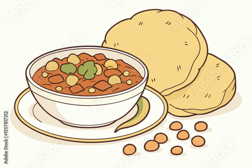 Cartoon illustration of chole bhature with green chili indian food chickpea curry