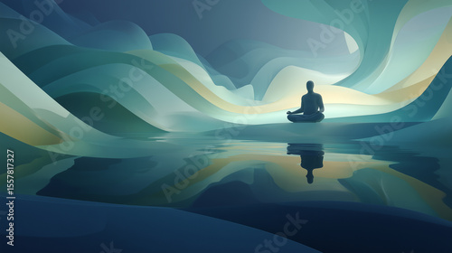 Stylized 3D illustration of a person meditating near reflective water in a surreal flowing abstract environment with soft gradients.