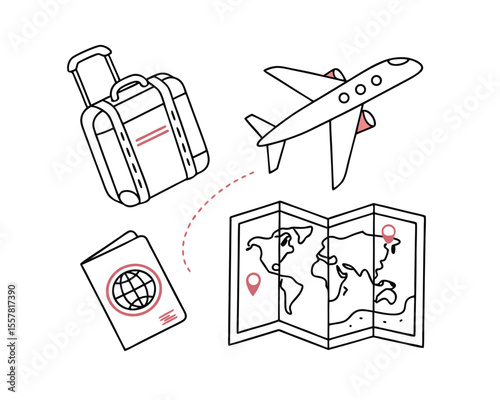 Travel Essentials Line Art Illustration Airplane Suitcase Passport Map