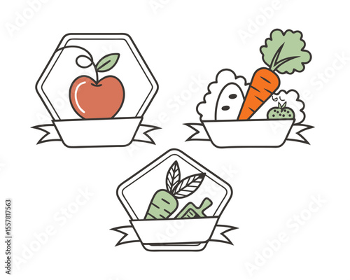 Three Cute Hand Drawn Vegetable and Fruit Badges