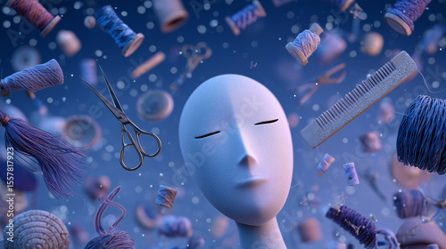 Surreal 3D illustration of a faceless figure surrounded by floating threads, scissors, combs and sewing tools in a dreamy blue setting.