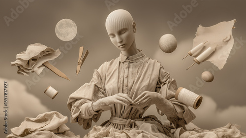 Surreal 3D artwork of a faceless figure with floating sewing tools and fabric under a cloudy sky and full moon.