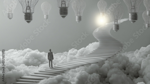 Surreal 3D scene of a man ascending a floating staircase through clouds, surrounded by light bulbs, symbolizing creativity and inspiration.