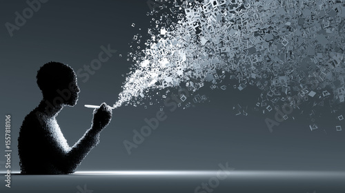 Silhouette of a person dissolving into flying geometric particles while holding a pen, symbolizing creativity, thought, and digital transformation.