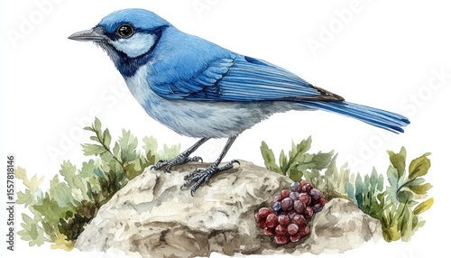 Vibrant blue bird perched on a rock with berries