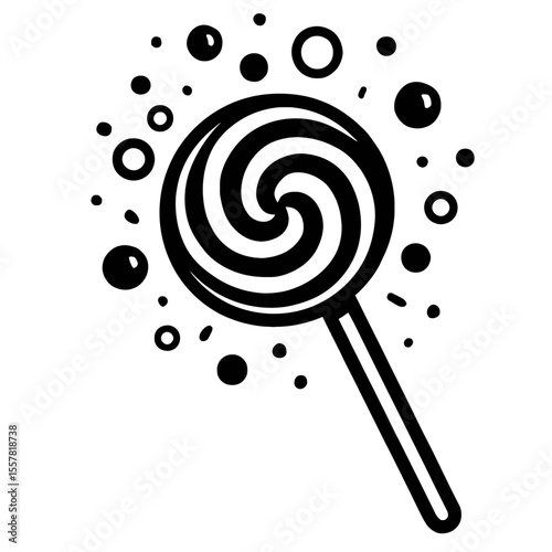 Black and White Swirl Lollipop with Floating Bubbles and Dots Vector Illustration
