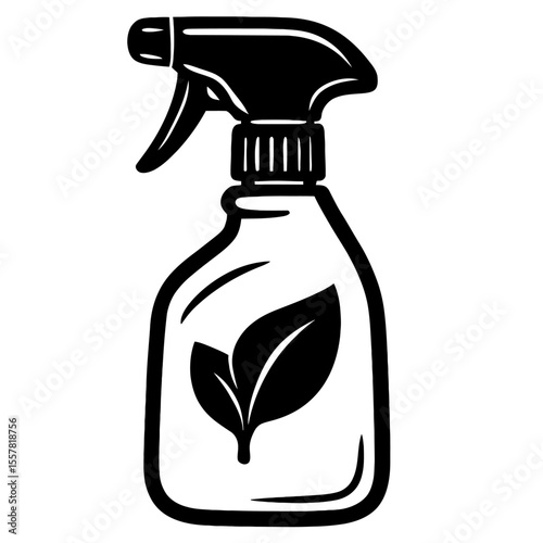 Black and White Eco-Friendly Spray Bottle with Leaf Symbol Vector Illustration