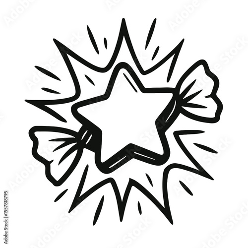 Hand-Drawn Black and White Sparkling Star Candy with Burst Effect Vector Illustration