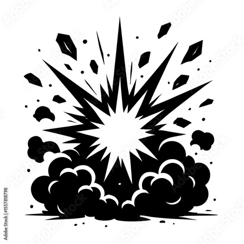 Dynamic Black and White Explosion Cloud with Debris and Starburst Effect Vector