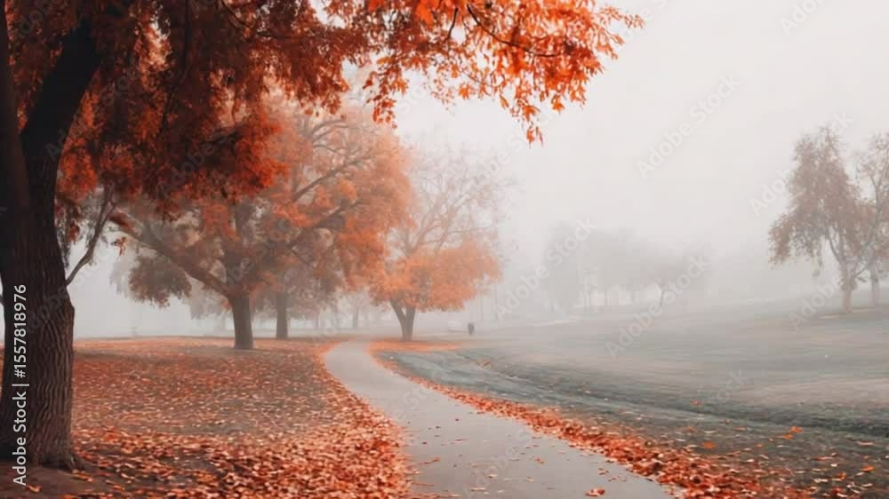 A foggy autumn scene featuring a path winding through a park, lined with trees displaying vibrant orange foliage, their leaves scattered on the ground