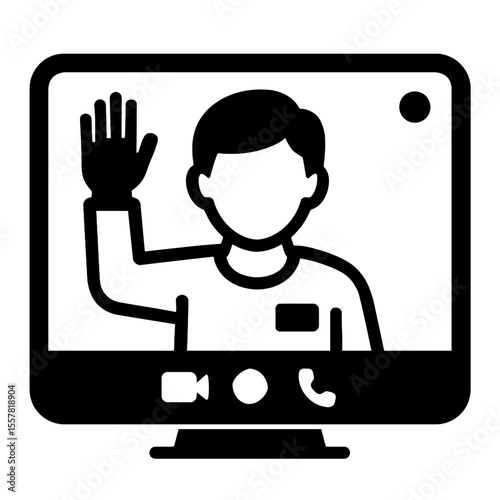 Black and White Video Call Screen Icon with Person Waving - Online Meeting
