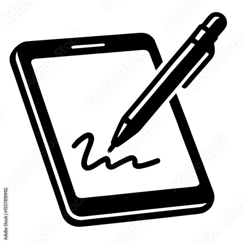 Black and White Vector Icon of a Pen Signing on a Mobile Phone Screen