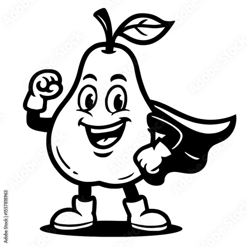 Happy Super Pear Cartoon Mascot with Cape - Healthy Food Hero Vector