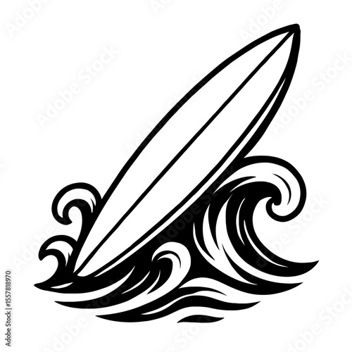 Dynamic Black and White Surfboard Riding Ocean Waves Vector Design