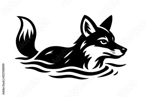 Graceful black and white vector illustration of a fox swimming in water, ideal for wildlife themes, nature designs, or animal-related content.