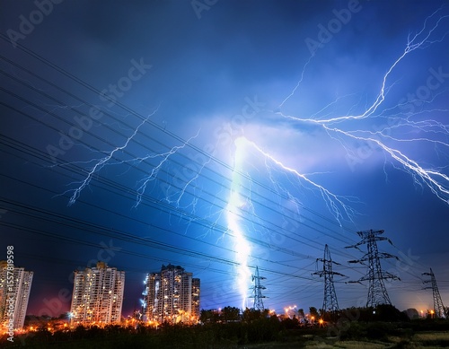 powerful lightning storm over city power lines at night