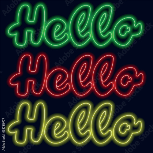 The neon sign says Hello. There are neon signs in three colors red, green and yellow.  On a dark background, a glowing neon silhouette is drawn in a vector.